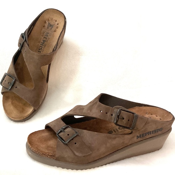 Mephisto Brown Nubuck Leather Terie Wedge Double Buckle Strap Slip on Sz 7/37 - Picture 1 of 16